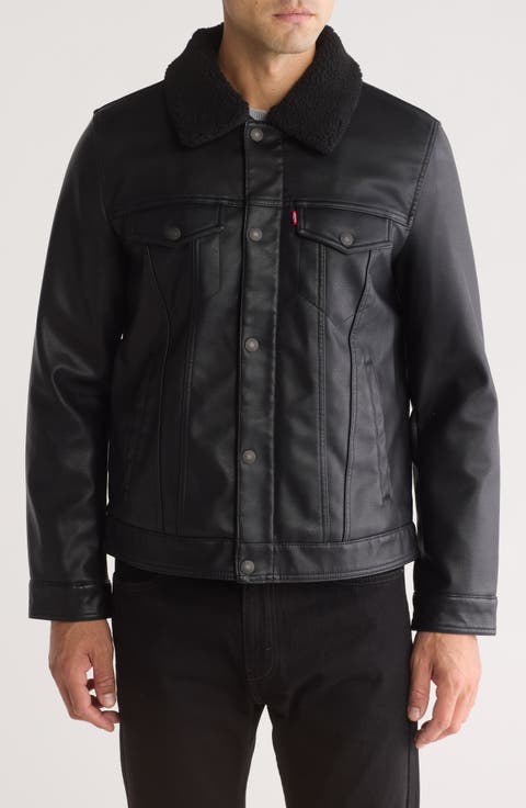 Faux Leather Faux Shearling Collar Jacket