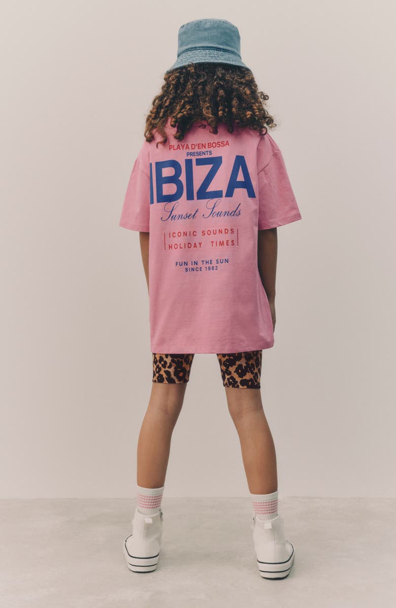 NEXT Kids' Ibiza Oversize Graphic T-Shirt & Leopard Print Bike Shorts Set, Alternate, color, Pink