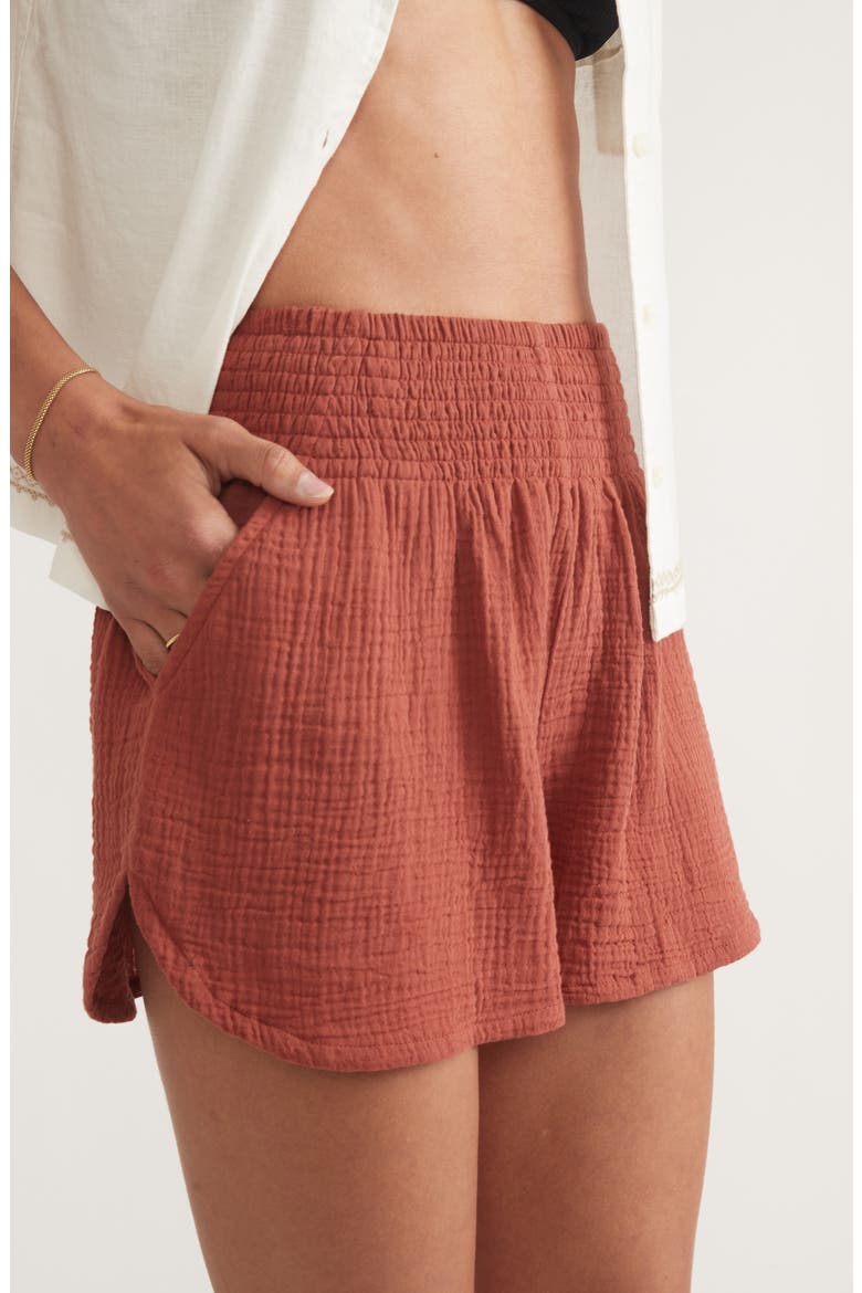 Corinne Smocked Double Cloth Cotton Shorts, Alternate, color, RUST