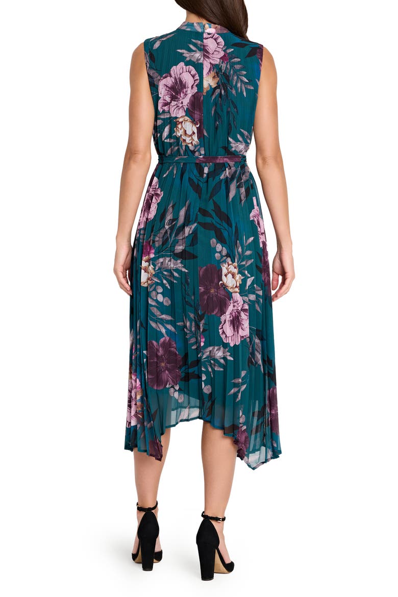 Floral Pleated Midi Dress, Alternate, color, OCEAN TEAL