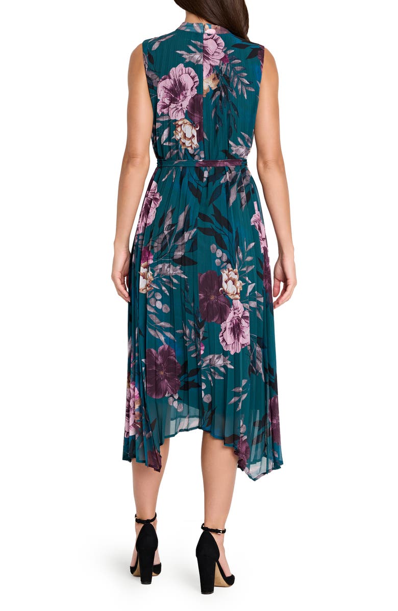 Tahari ASL Floral Pleated Midi Dress, Alternate, color, Ocean Teal