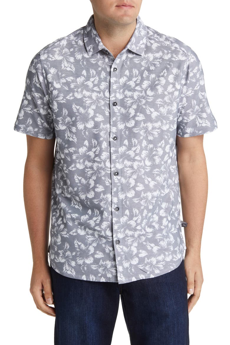 Flora IslandZone® Floral Piqué Short Sleeve Button-Up Shirt, Main, color, ULTIMATE GRAY