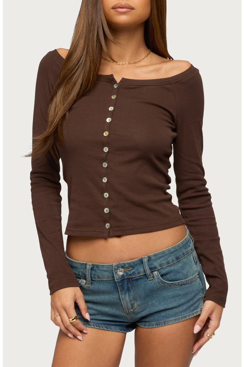 Button Front Knit Top, Main, color, BROWN