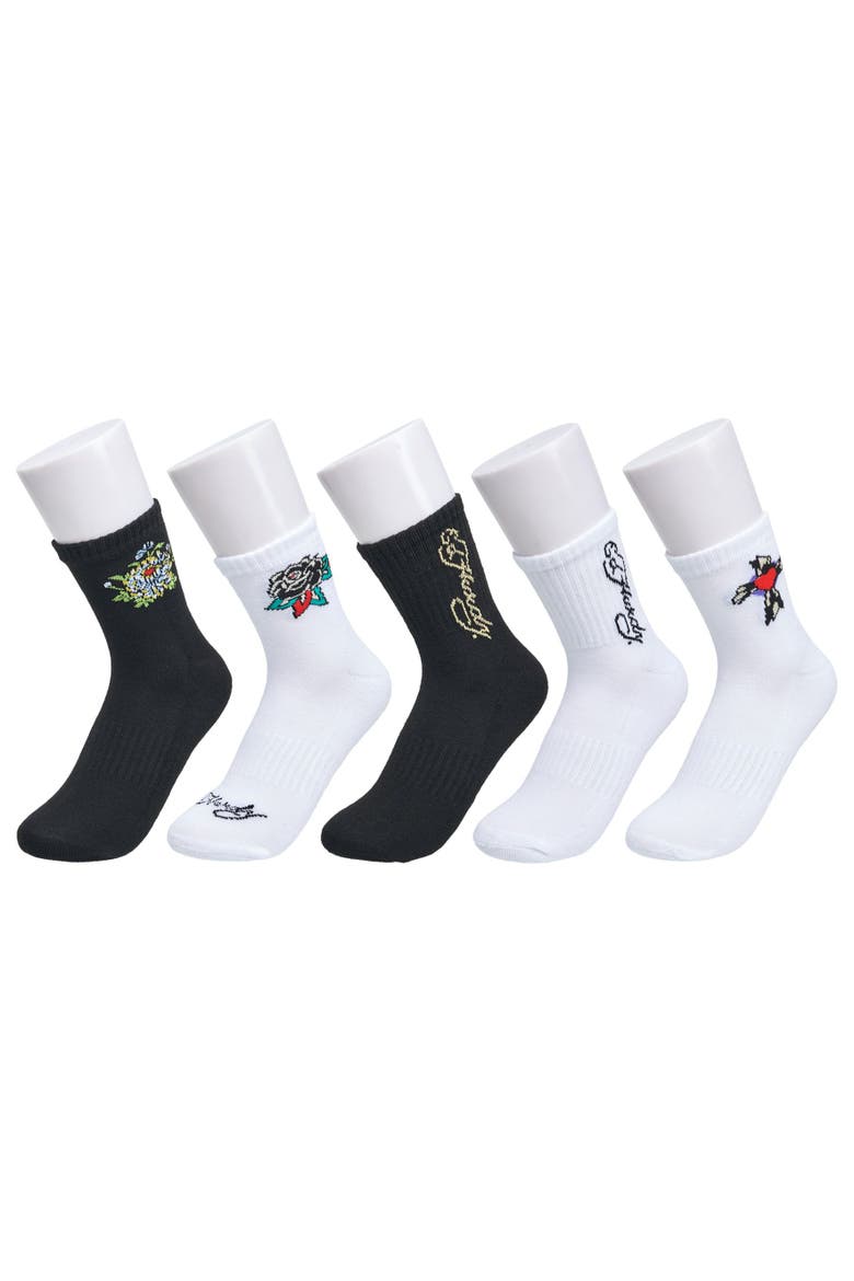 Flower Heart Print Half Cushion Mid Crew Sock 5-Pack, Main, color, White Multi