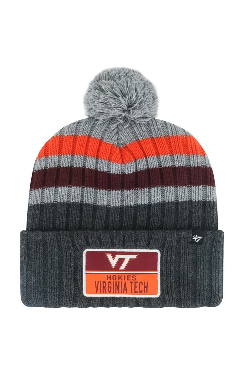 '47 Men's '47 Charcoal Virginia Tech Hokies Stack Striped Cuffed Knit Hat with Pom, Main, color, 