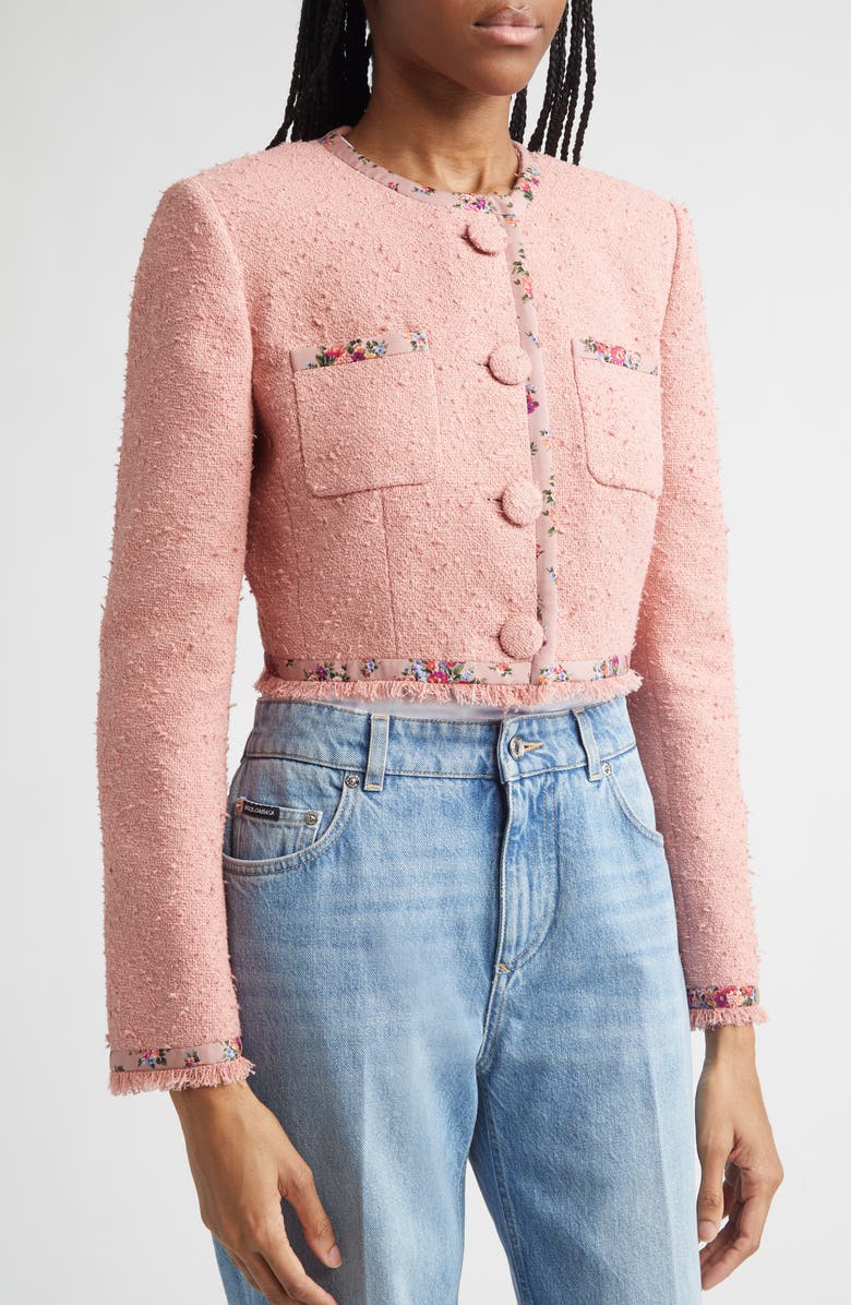 Dolce&Gabbana Floral Trim Crop Tweed Jacket, Alternate, color, Rosa Polvere Scuro