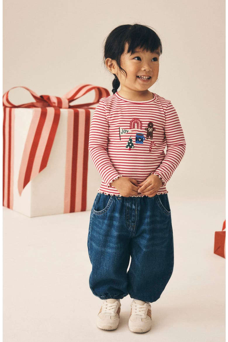 Kids' Festive Rib Long Sleeve Stretch Cotton Top, Alternate, color, RED