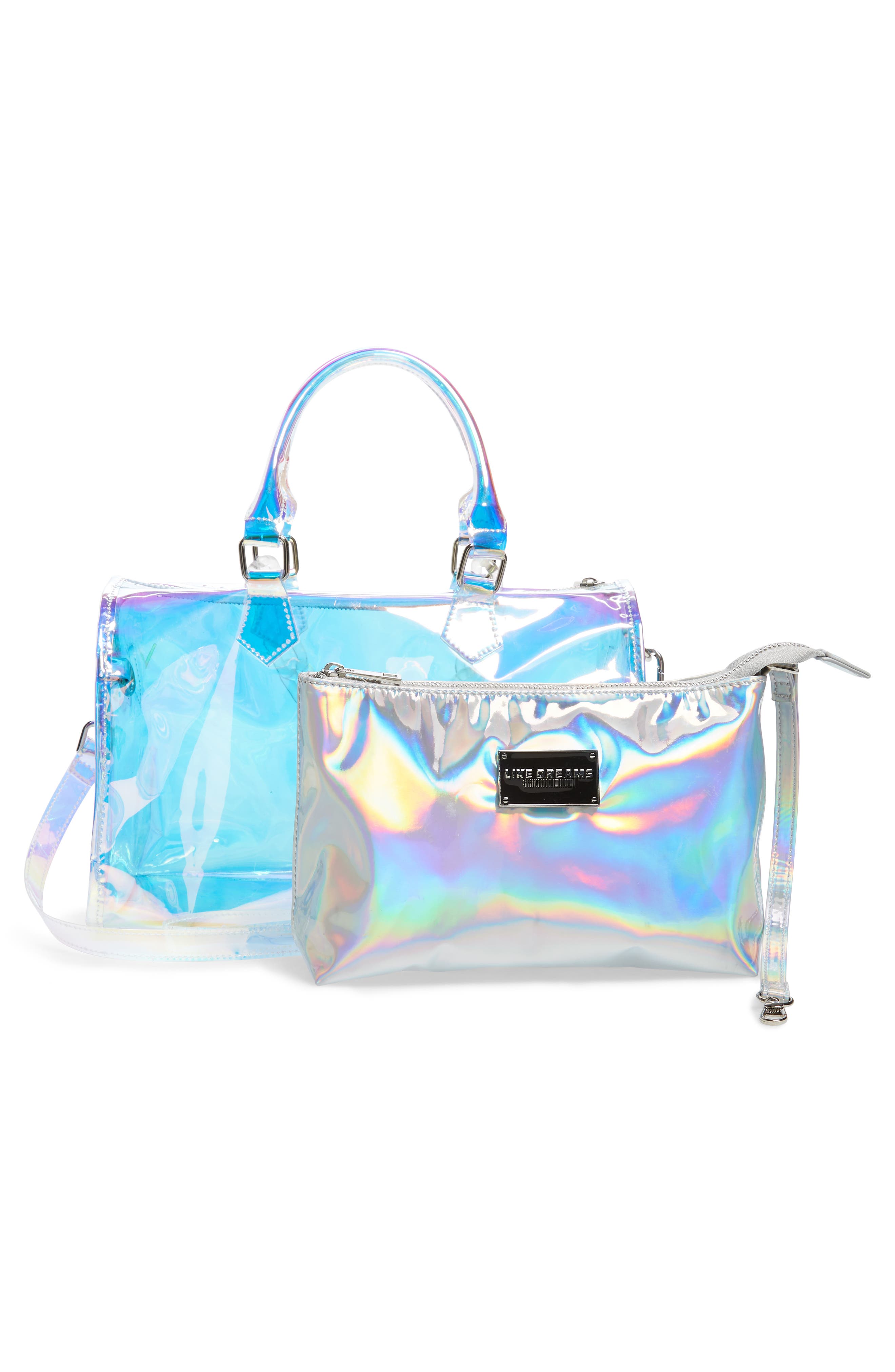 Translucent Iridescent Barrel Bag, Alternate, color, HOLOGRAM