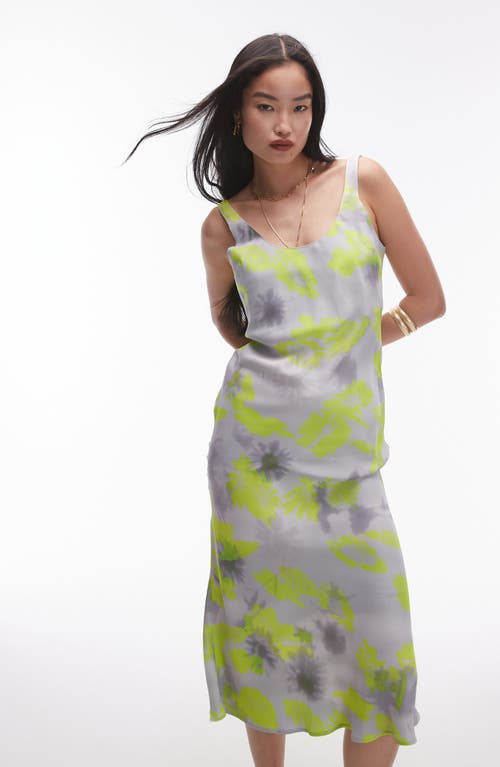 Topshop Scoop Neck Satin Slip In Abstract Floral-multi In Grey Multi