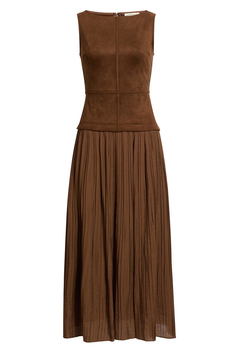 Sleeveless Faux Suede Mixed Media Midi Dress, Main, color, CARAMEL