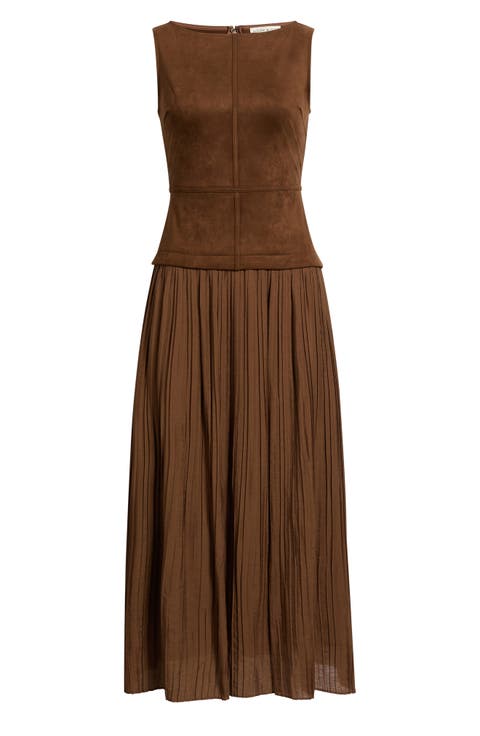 Sleeveless Faux Suede Mixed Media Midi Dress
