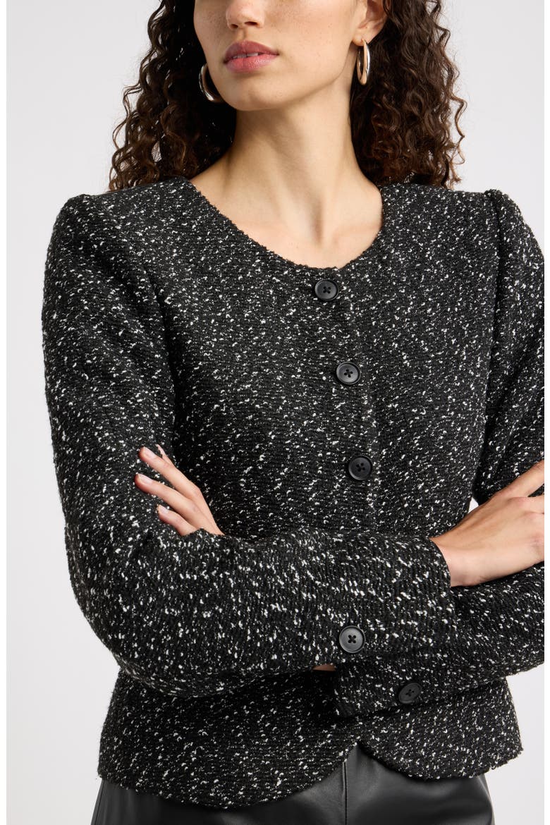 Textured Curved Hem Collarless Jacket, Alternate, color, BLACK- IVORY TEXTURE