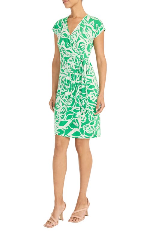 Maggy London Matte Jersey Faux Wrap Dress In Green/ivory