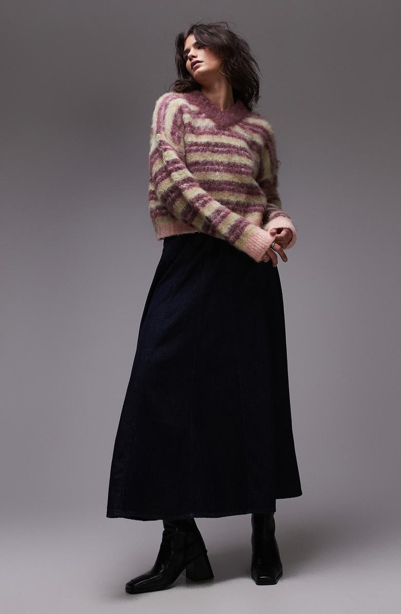 Topshop Stripe Fluffy V-Neck Sweater, Alternate, color, Burgundy Multi