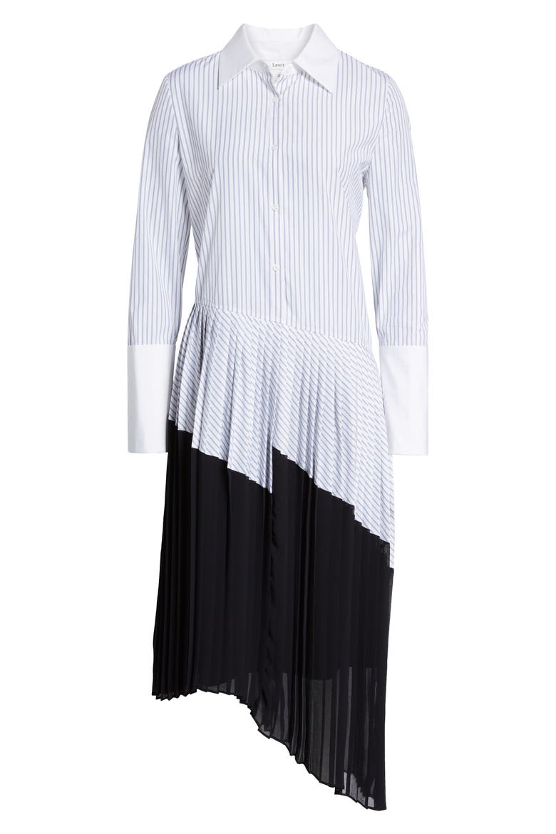 Asymmetrical Pleated Shirtdress, Alternate, color, WHITE- NAVY VENICE STRIPE
