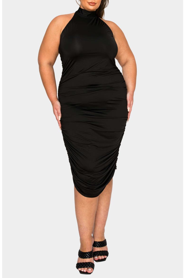 Izzy Ruched Midi Halter Dress, Alternate, color, BLACK