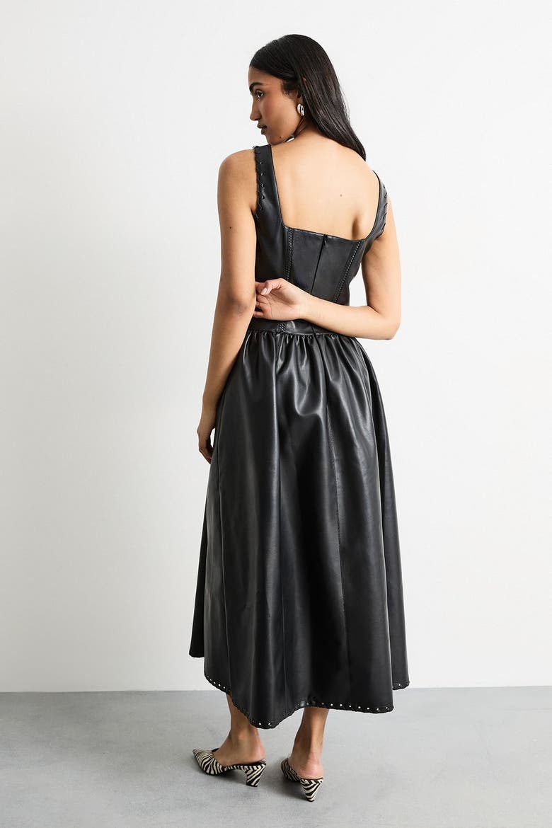 Faux Leather Whipstitch Trim Midi Dress, Alternate, color, Black
