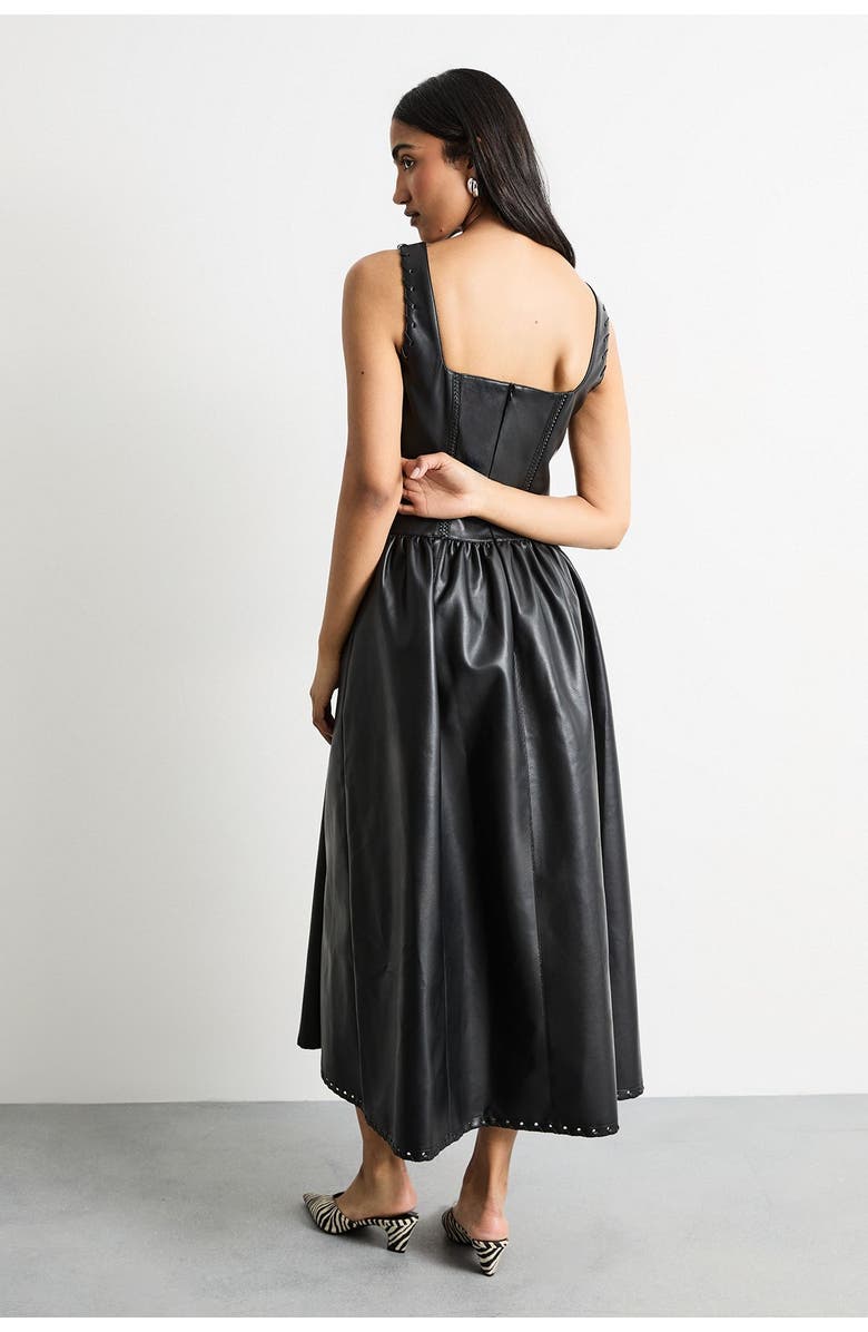 Warehouse Faux Leather Whipstitch Trim Midi Dress, Alternate, color, Black