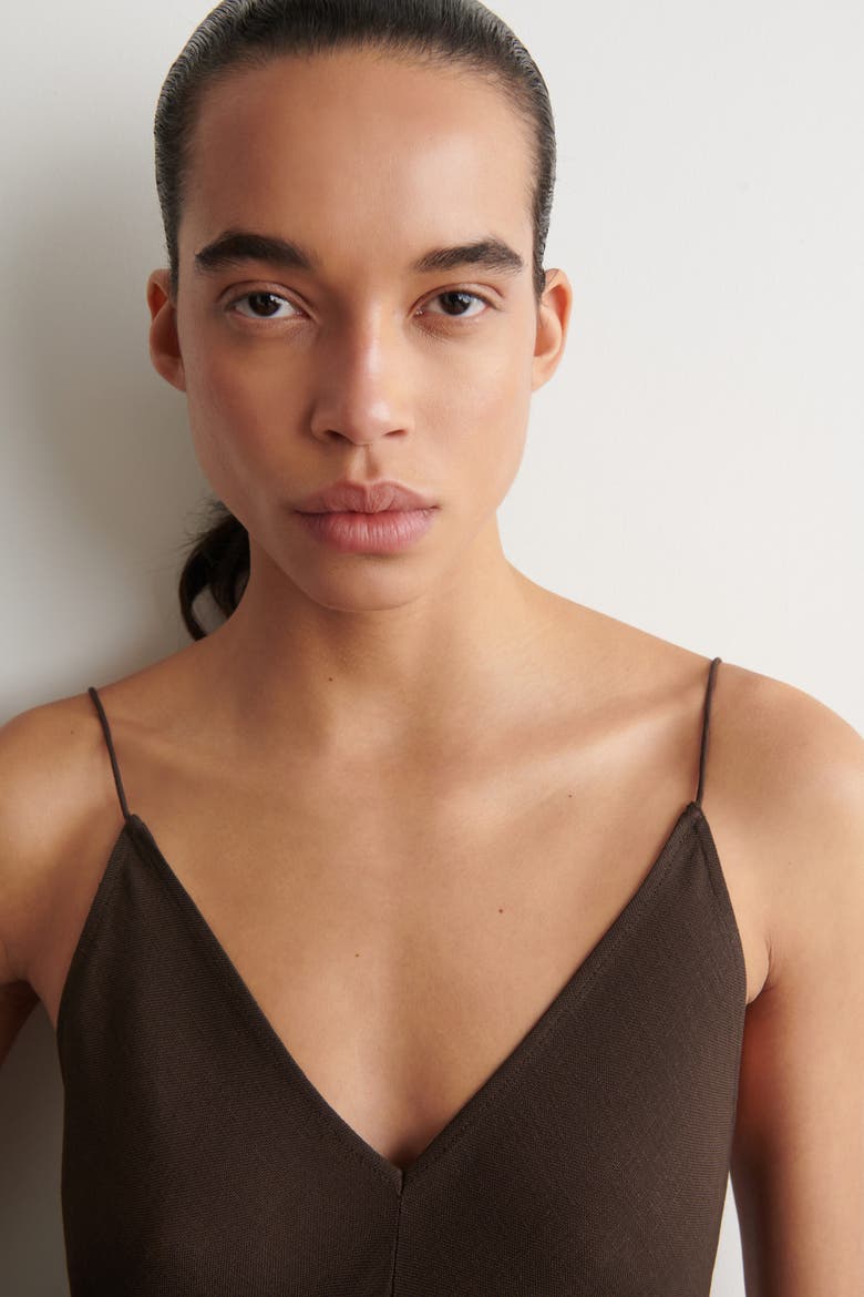 V-neck Midi Cami Dress, Alternate, color, BROWN