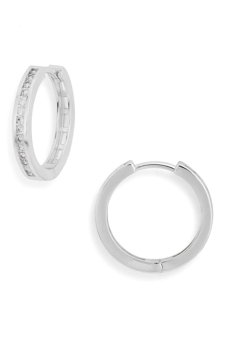 Channel Set Cubic Zirconia Huggie Hoop Earrings, Main, color, CLEAR- SILVER