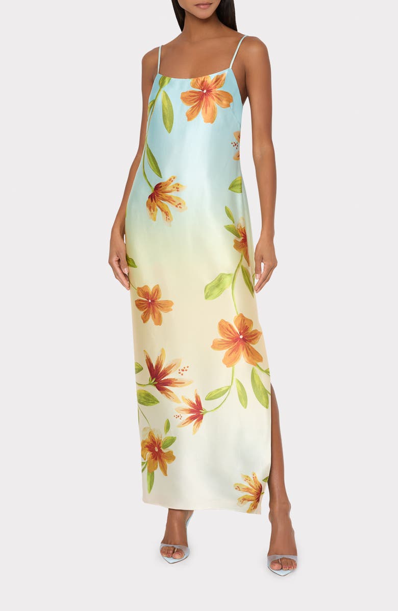 Milly Lily Floral Print Sleeveless Satin Maxi Dress, Main, color, Yellow Multi