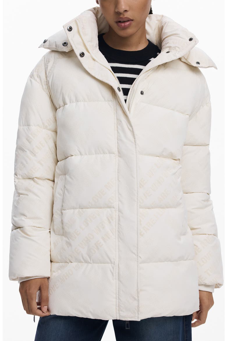 Flocked Print Quilted Puffer Jacket with Removable Hood, Main, color, LIGHT BEIGE