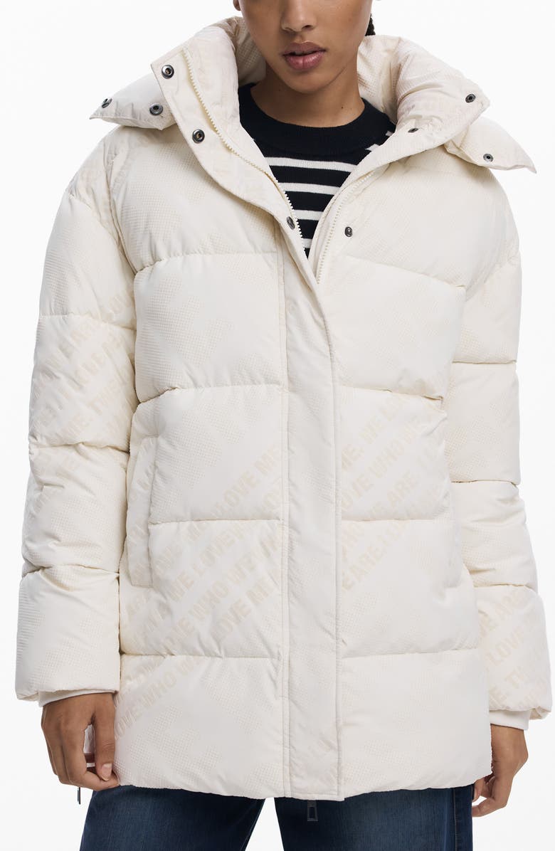 Desigual Flocked Print Quilted Puffer Jacket with Removable Hood, Main, color, Light Beige
