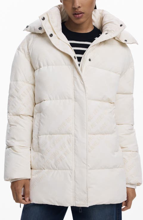 Flocked Print Quilted Puffer Jacket with Removable Hood