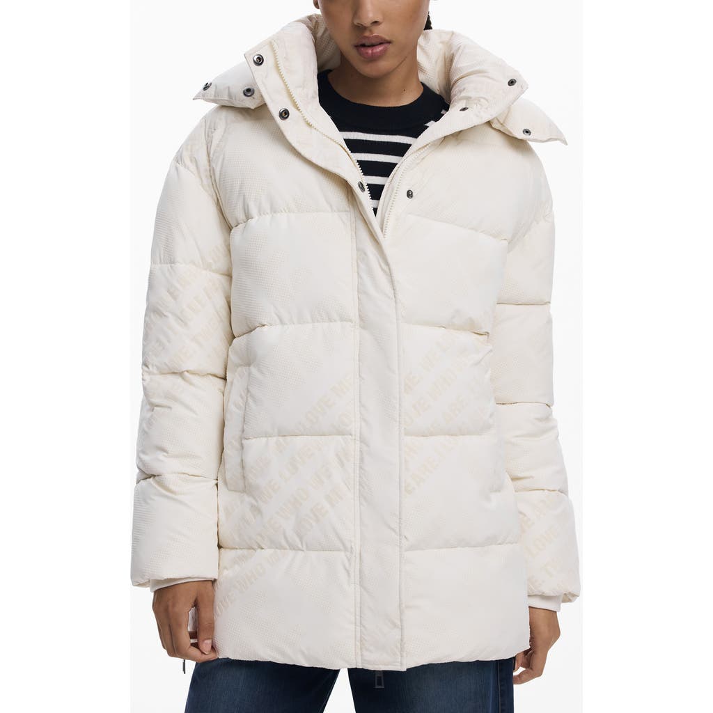 Desigual Flocked Print Quilted Puffer Jacket With Removable Hood In White