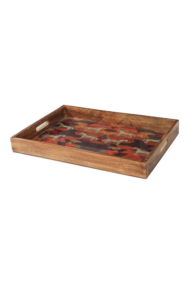 Horse Print 3-Piece Wooden Tray Set, Main, color, RED/ GOLD