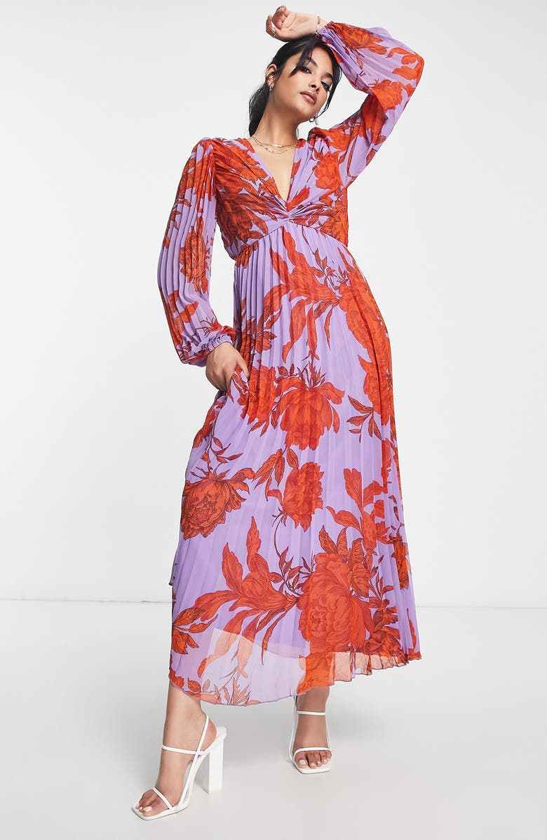 ASOS DESIGN Pleated Floral Long Sleeve Maxi Dress, Main, color, 