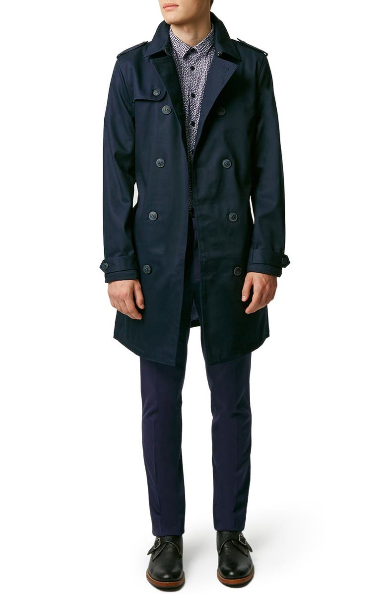 Topman Navy Bonded Twill Trench Coat, Alternate, color,