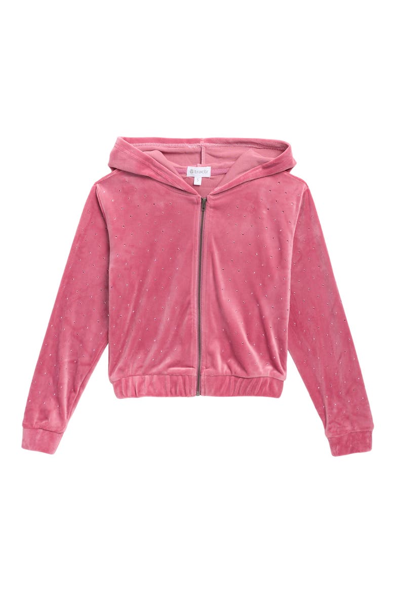 Kids' Crystal Stud Velour Full Zip Hoodie, Main, color, ROSE PINK