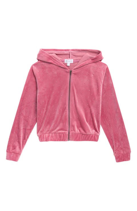Kids' Crystal Stud Velour Full Zip Hoodie
