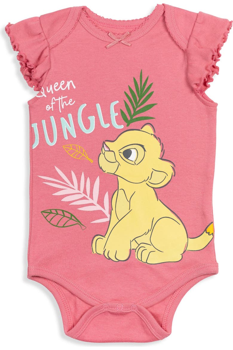 Lion King Girls' 5-Pack Short Sleeve Bodysuits, Alternate, color, Green Pink Grey White