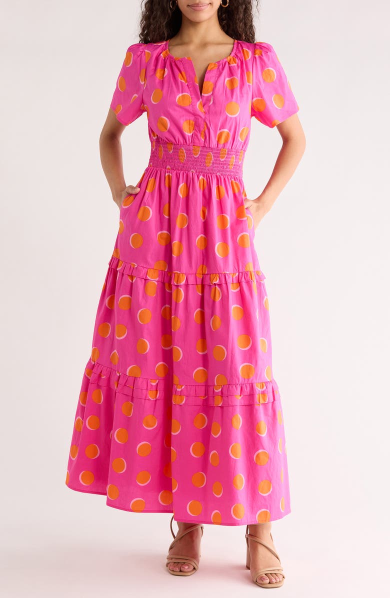 SUGARLIPS Rosy Polka Dot Tiered Cotton Poplin Maxi Dress, Main, color, 