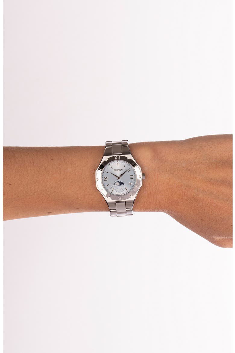 Be Balmain Moonphase Bracelet Watch, 33mm, Alternate, color, LIGHT BLUE STAINLESS STEEL