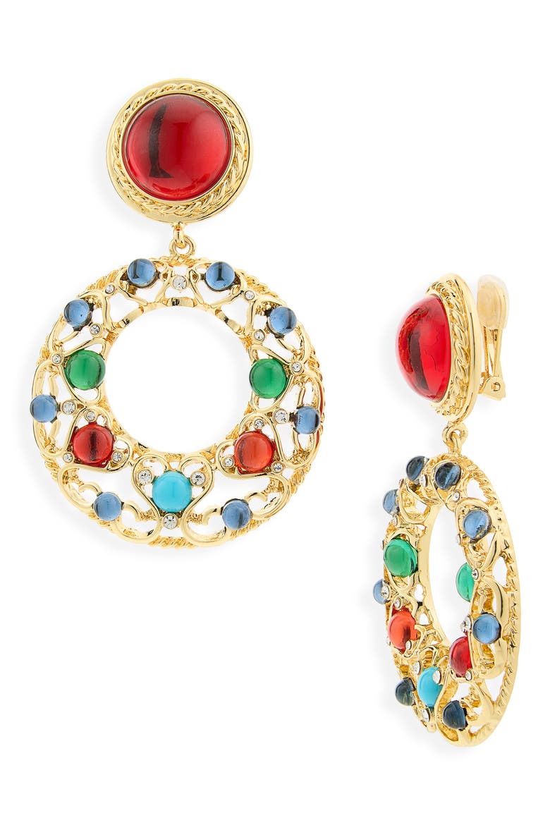 Cabochon Crystal Drop Hoop Earrings, Main, color, GOLD