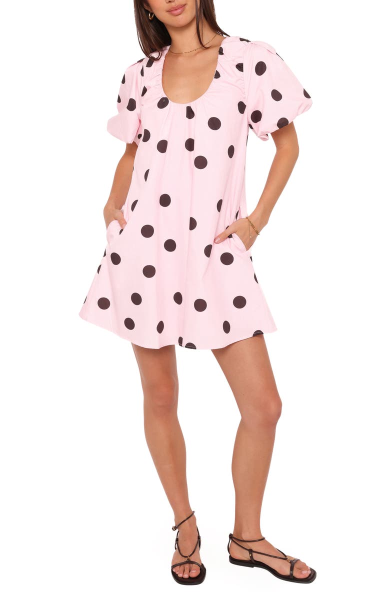 Petal & Pup Bertine Puff Sleeve Cotton Minidress, Main, color, Pink Polka Dot