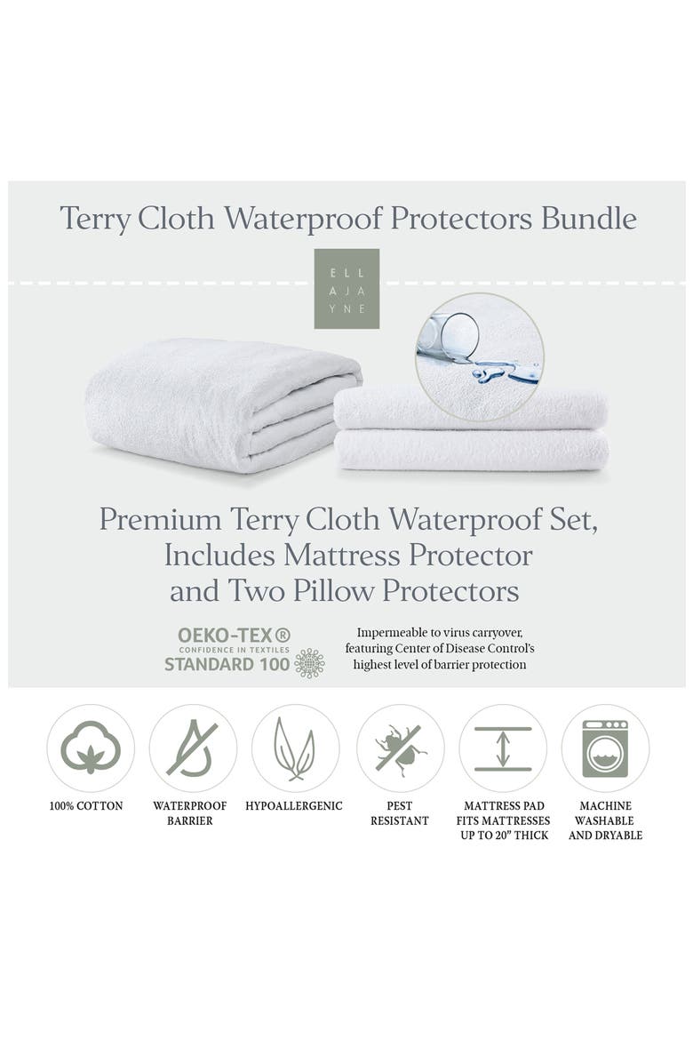 Cotton Terry Cloth Waterproof Mattress & Pillow Protector Set, Alternate, color, WHITE