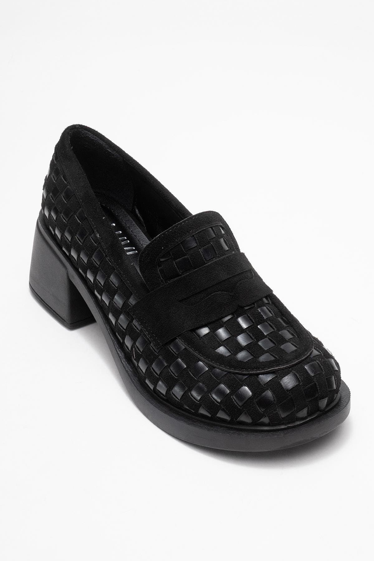 Prologue Shoes Marlon Woven Block Heel Loafer, Main, color, Black Faux Leather