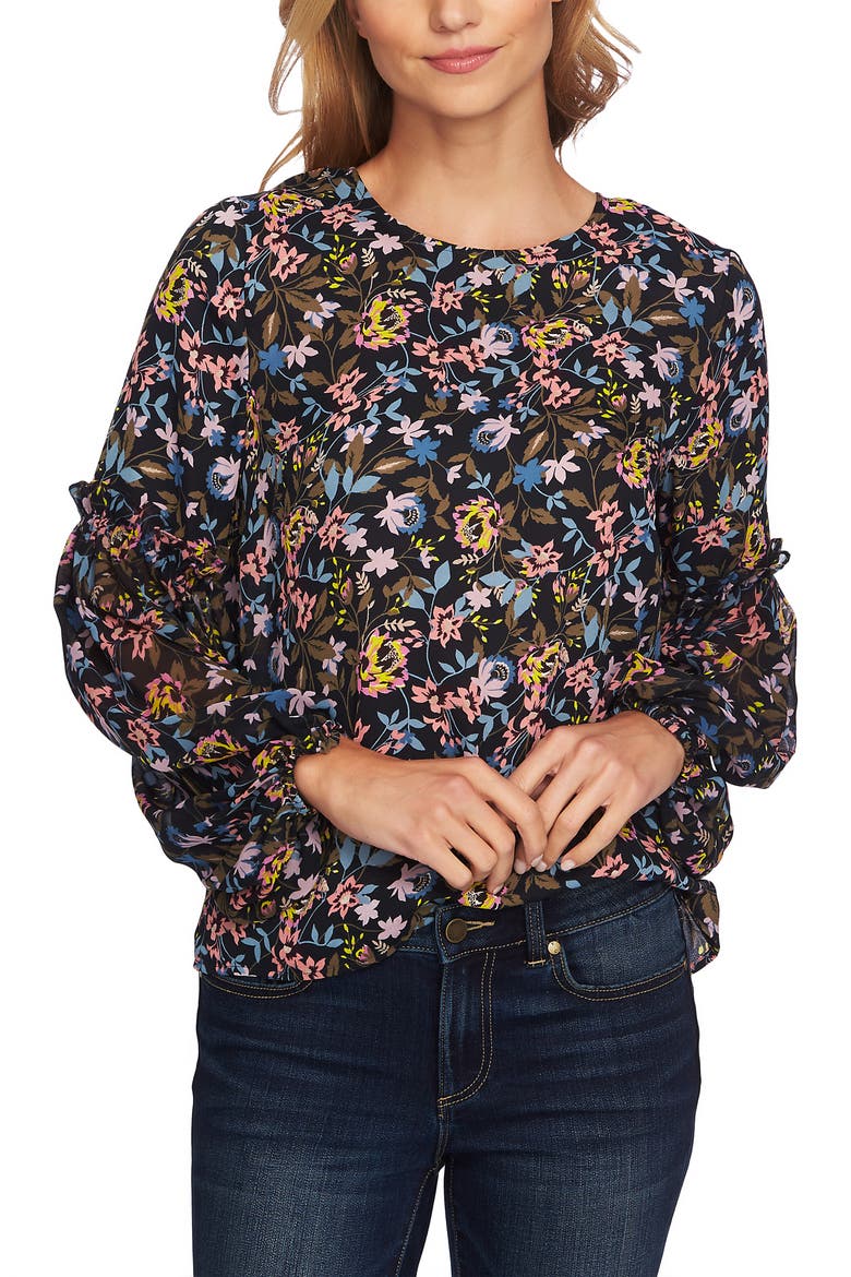 Demure Flora Ruffle Sleeve Top, Alternate, color, CAVIAR