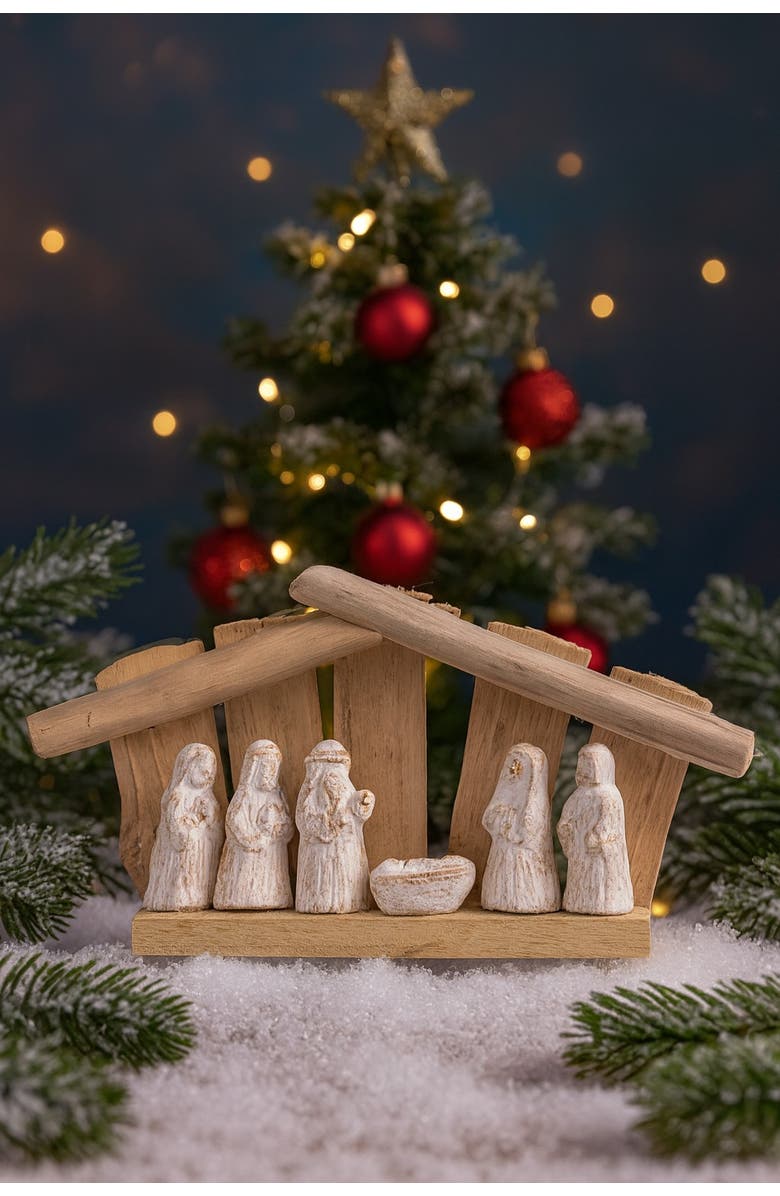 Transpac Driftwood Nativity Set White Wash Wooden Figurines Christmas Decor, Alternate, color,
