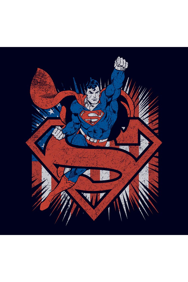 Juniors Superman Festive Pose T Shirt, Alternate, color, Navy Blue