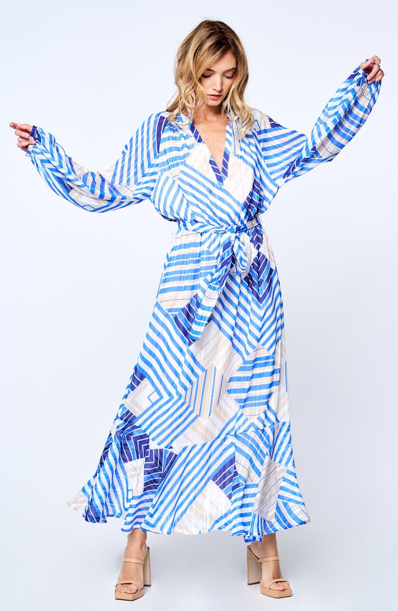 CIEBON Gaeley Print Tie Waist Long Sleeve Maxi Dress, Alternate, color, Blue Multi