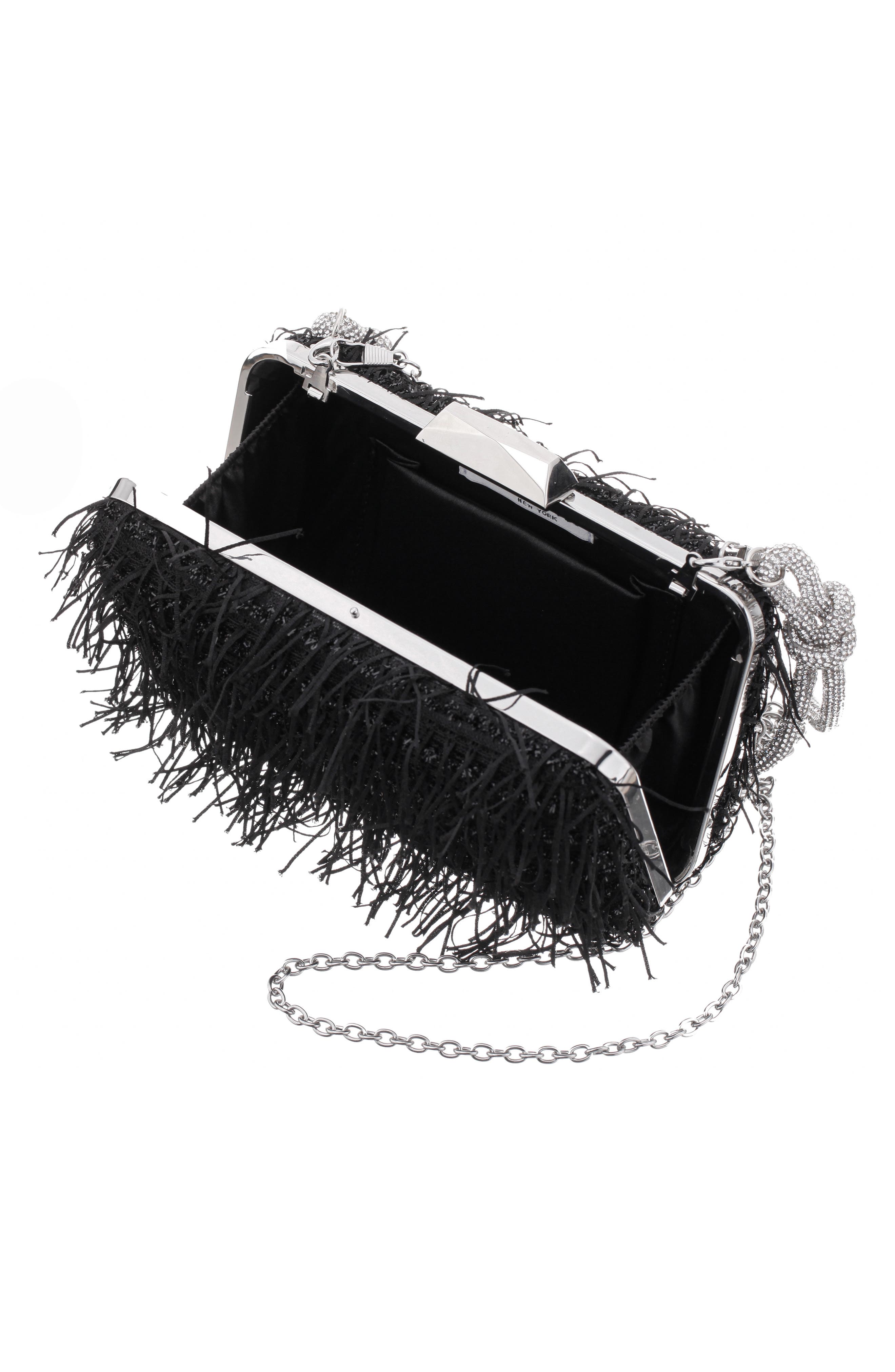 Nina Fringe Crystal Cord Minaudiere, Alternate, color, Black