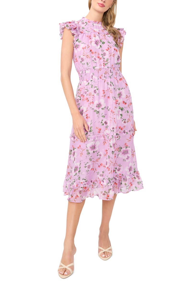 Floral Print Flutter Sleeve Smocked Midi Dress, Main, color, FAIR ORCHID