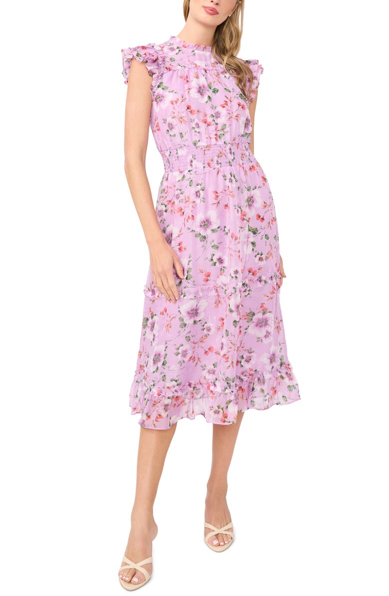 CeCe Floral Print Flutter Sleeve Smocked Midi Dress, Main, color, Fair Orchid