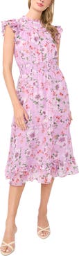 CeCe Floral Print Flutter Sleeve Smocked Midi Dress