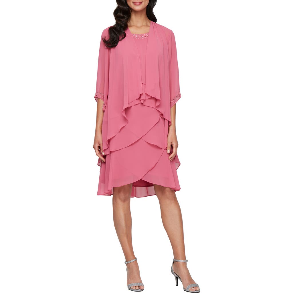 Sl Fashions Beaded Tiered Chiffon Cocktail Dress With Jacket In Rose